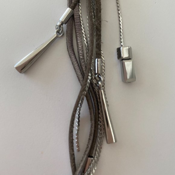 WHBM Silver Necklace with SIlver/Brown Metalic Leather and Silver Tassel - Picture 3 of 3